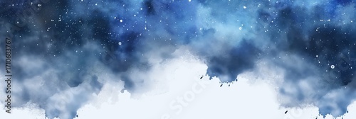 starry watercolor night sky wash across canvas deep indigo and blue gradients with scattered speckles, serene mood, wide panoramic copyspace, concept of astronomy, posters, education