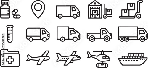 Medical and Transportation Line Icons delivery logistics