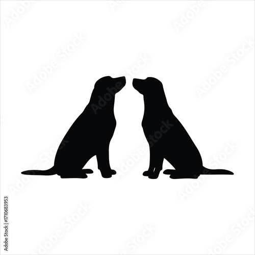 Two black labrador retrievers silhouetted facing each other sharing an affectionate moment