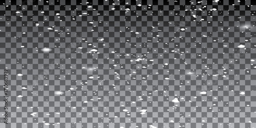 Vector illustration of flying snow on a transparent background. Natural phenomenon of snowfall or blizzard.	