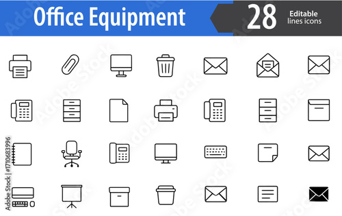 Office Equipment Line Icons, Workplace Tools and Supplies Vector Icons Set, Ideal for Both Digital and Print Use  
