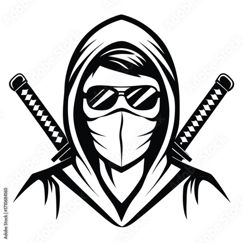 Hooded figure with sunglasses and mask presents crossed swords in a monochrome aesthetic
