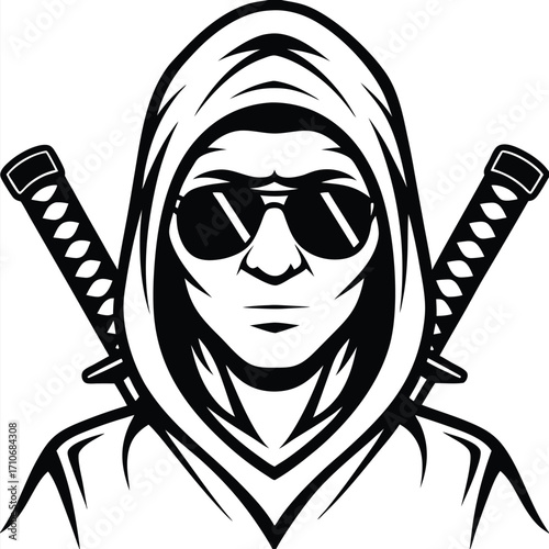 Hooded man wearing sunglasses stands before crossed katana swords for a powerful monochrome scene