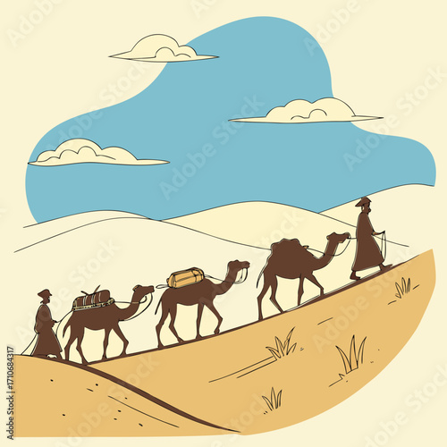 A caravan of camels led by figures in traditional robes traverses a sandy desert landscape under a bright blue sky with scattered clouds