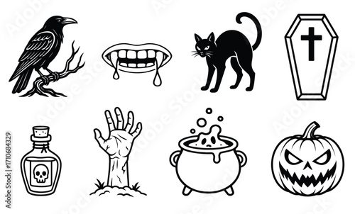 Vector Icon Set for Halloween. A Graphic Collection with Spooky Elements for the Holiday.