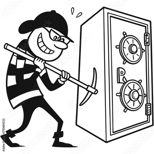 Thief or burglar opening safety vault, vector cartoon stick figure or character illustration.