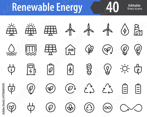 Renewable Energy Line Icons, Sustainable Power and Green Technology Vector Icons Set, Eco-Friendly Resources, Ideal for Both Digital and Print Use  
