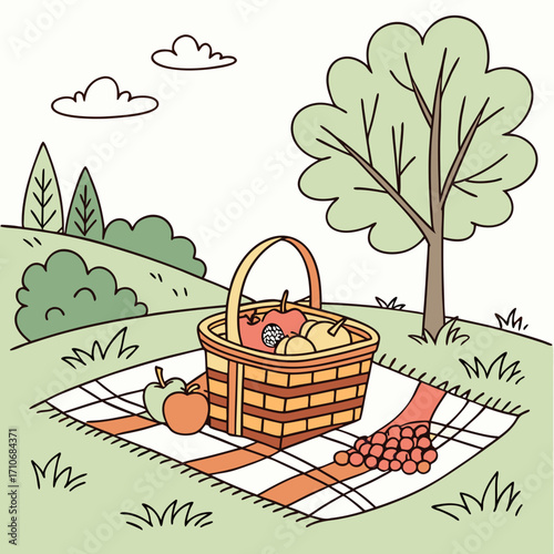 A charming cartoon illustration of a picnic basket filled with apples and grapes placed on a checkered blanket in a park with a large tree and rolling hills under a cloudy sky