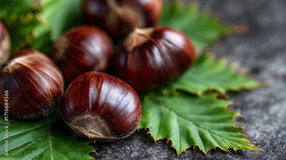 Obraz premium Fresh chestnuts on green leaves with natural texture