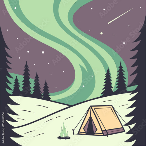 A cozy tent sits under the majestic swirling green aurora borealis and a shooting star in a serene winter landscape with pine trees