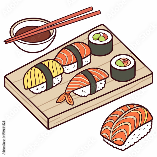 A delightful assortment of japanese sushi and maki rolls presented on a wooden board with chopsticks and soy sauce for a delicious meal