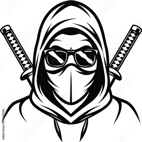 Hooded ninja wearing sunglasses with dual swords creates an imposing and modern aesthetic