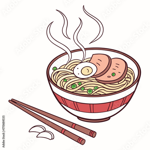 A delicious bowl of steaming ramen noodles with sliced pork a soft boiled egg and green peas accompanied by chopsticks and garlic cloves