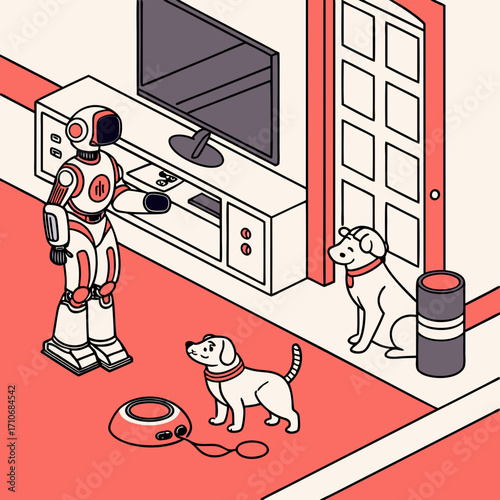 A friendly robot interacts with two dogs in a modern living room one dog sits by the door and the other waits for a walk
