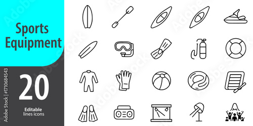 Sports Equipment Line Icons, Fitness and Training Vector Icons Set, Gym and Outdoor Activity Symbols, Ideal for Both Digital and Print Use  
