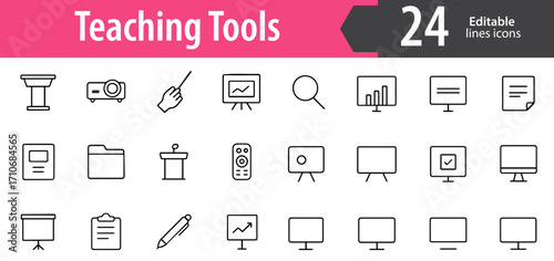 Teaching Tools Line Icons, Education and Classroom Vector Icons Set, Learning and Training Symbols, Ideal for Both Digital and Print Use  

