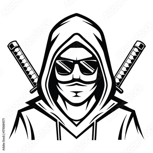 Hooded masked character sporting sunglasses stands boldly with crossed katana swords in black and white