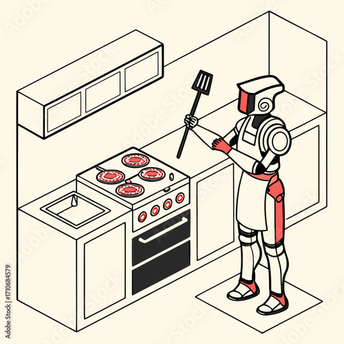 A futuristic robot wearing an apron and holding a spatula cooks food on a stove in a modern kitchen representing automation and culinary technology