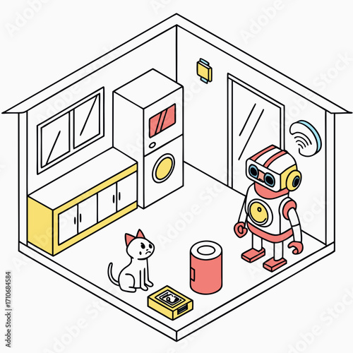 A cute cartoon robot and a sad cat stand in a laundry room with a washing machine and dryer next to a cabinet and a window