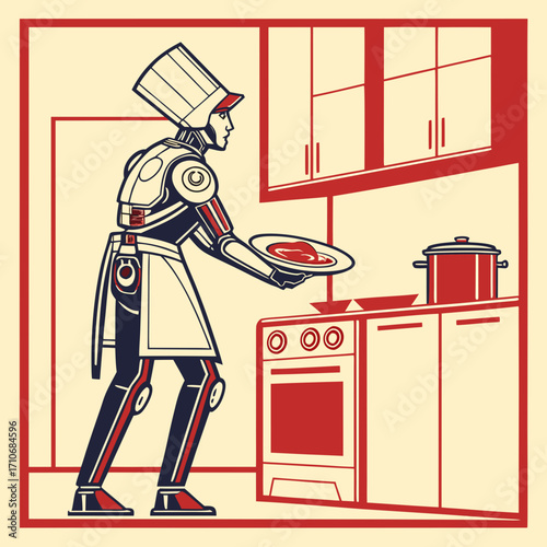 A futuristic robot chef wearing a tall white hat and apron stands in a stylized kitchen holding a plate of raw meat ready to cook