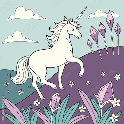 A majestic white unicorn with a flowing mane and tail stands on a purple hill dotted with crystals and flowers under a pale blue sky with clouds
