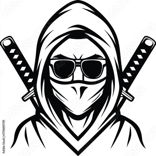 Hooded ninja with sunglasses presents crossed katanas in monochrome style for the design