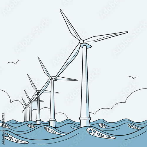 A row of offshore wind turbines stands tall in the ocean generating clean renewable energy with seagulls flying in the sky and stylized waves below