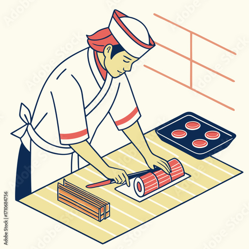 A skilled japanese sushi chef in traditional attire meticulously prepares a sushi roll with a sharp knife on a striped mat showcasing culinary artistry and dedication to fresh ingredients