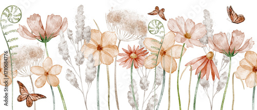 Watercolor Floral Border with wild meadow Flowers. Illustration of Botanical seamless pattern with butterflies for wedding invitations or greeting cards in pastel colors. Drawing for frames.