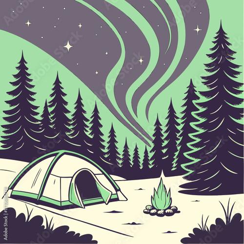 A serene camping scene unfolds under a vibrant aurora borealis sky with a tent and campfire set amidst a dark pine forest