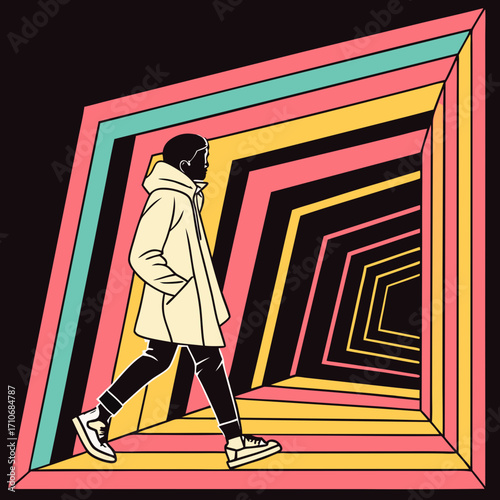 A solitary figure in a light colored hooded jacket walks confidently through a vibrant abstract tunnel of colorful geometric shapes and lines