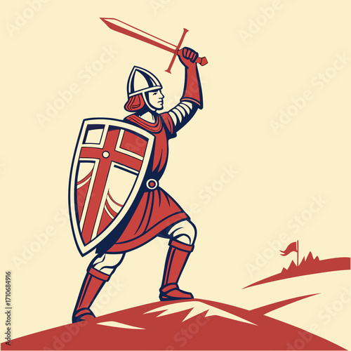 A stylized medieval knight in red and blue armor stands defiantly on a hill raising a sword and shield with a cross emblem