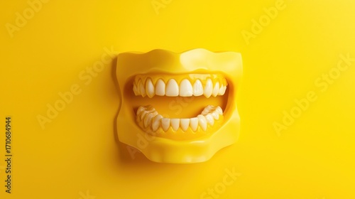 playful smiling teeth model on vibrant yellow three dimensional render with glossy enamel, bold color, quirky mood, ample copyspace, concept of dentistry, hygiene, advertising