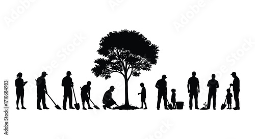 Silhouettes of people gardening and tending to a flourishing tree