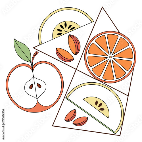 A vibrant and abstract geometric composition featuring sliced fruits like apples oranges and lemons along with almond shapes on a white background