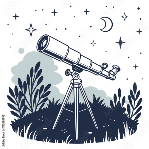 A vintage telescope set up on a tripod in a dark grassy field under a starry night sky with a crescent moon and clouds