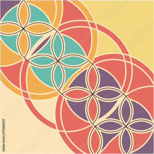 Abstract geometric pattern with overlapping circles and colorful segments in teal orange red and purple on a cream background