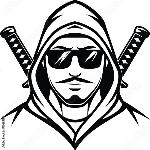 Hooded warrior with sunglasses and mustache stands before crossed katanas in black vector