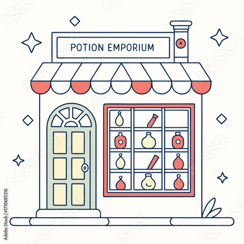 Charming potion emporium storefront with a striped awning and a display window filled with colorful bottles and vials surrounded by whimsical stars and diamonds