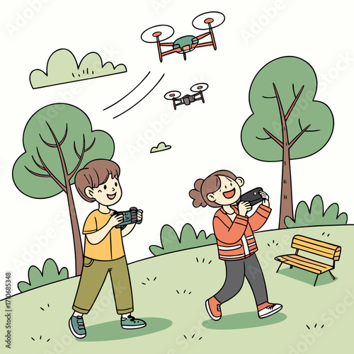 Children joyfully operating drones in a park on a sunny day enjoying outdoor technology and recreational activities together