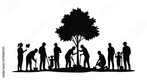 People tending to a tree and garden in a silhouette style