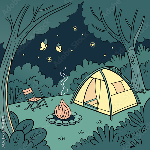 Cozy campsite scene at night with a glowing campfire a tent a folding chair and butterflies fluttering under a starry sky surrounded by dark trees and lush foliage