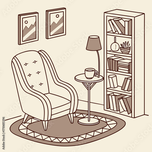 Cozy reading nook illustration featuring a comfortable armchair a small side table with a cup of coffee a floor lamp and a bookshelf filled with books and decor