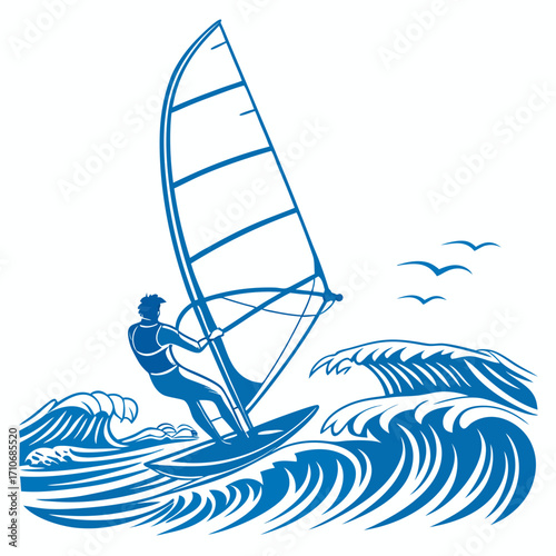 Dynamic blue illustration of a windsurfer riding a wave with seagulls flying overhead against a white background