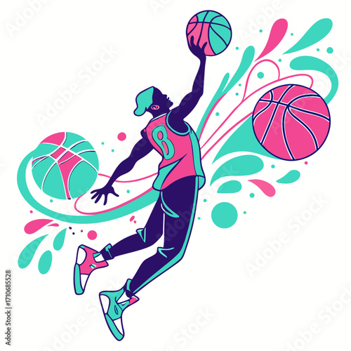Dynamic illustration of a basketball player in mid air performing a slam dunk with energetic splashes and abstract shapes in vibrant pink and teal colors against a white background