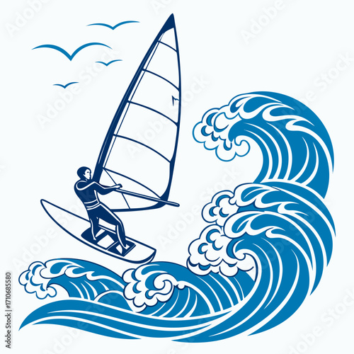 Dynamic illustration of a windsurfer skillfully navigating large ocean waves under a sky with soaring seagulls symbolizing adventure and freedom