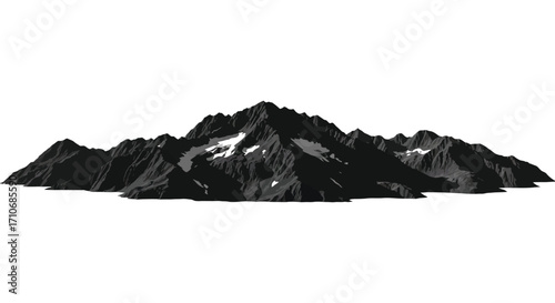 Dramatic silhouette of jagged mountain peaks against a stark white background