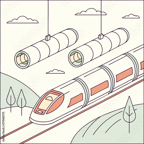 Futuristic high speed train traveling on tracks through a stylized landscape with elevated tubes and clouds in a minimalist line art style