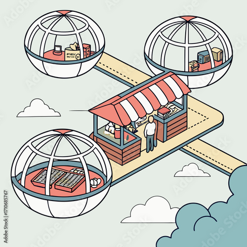 Futuristic isometric illustration of a market stall connected to transparent spherical pods displaying various goods and products for sale