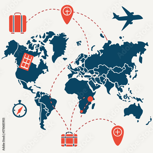 Global travel and transportation concept illustrating international journeys with an airplane suitcases compass and location pins on a world map